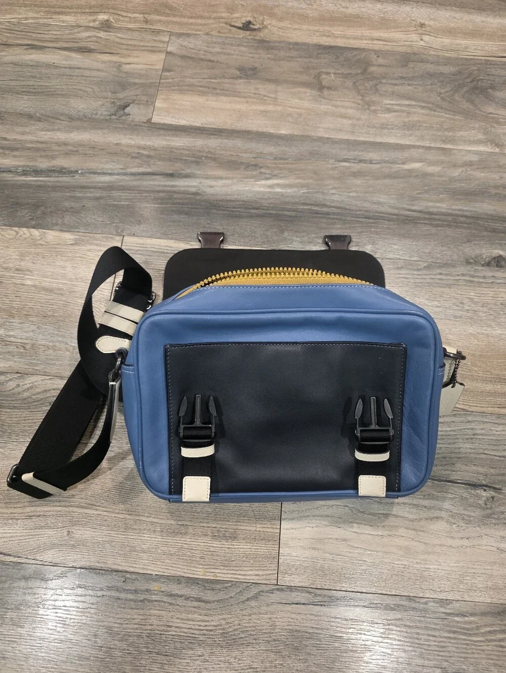 Coach Blue Leather Messenger Bag with Black and Cream Accents